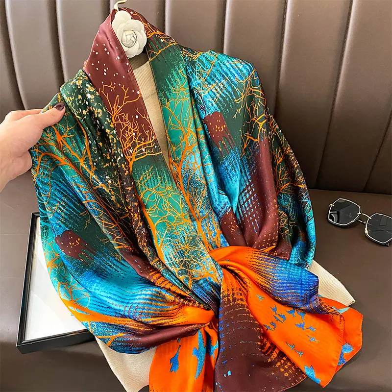 Hot Selling Nieuwste Stijl Zachte Grote Hangzhou Zijden Sjaals Mode Vrouwen Luxe Unieke Oranje Boom Bedrukt Hijab Zijden Sjaal