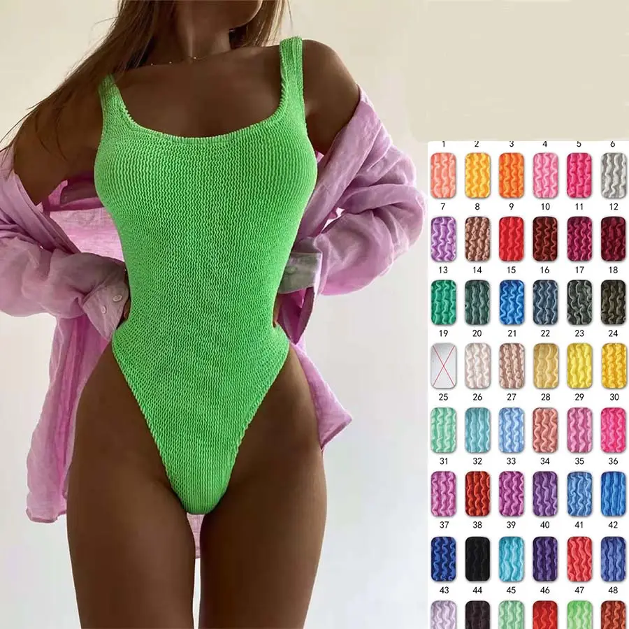 JSN9202537 2022 beliebte einteilige Crinkle Rib Bikini rücken freie Badeanzug einfarbige Seer sucker Jacquard Frauen Bade bekleidung