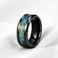 Bague de mariage tendance en tungstène 8 mm avec incrustation de sable bleu-vert et feuilles d'or, bord biseauté, ajustement confortable, pour homme et femme