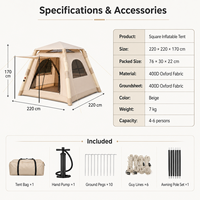 Tente de camping gonflable pour 1 à 4 personnes, 4,84 m², Oxford 400D PU2000+, 7 kg, légère, installation rapide, beige, quatre saisons, UV50+