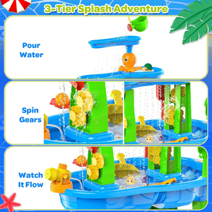Table à eau et à <span class=keywords><strong>sable</strong></span> 3 niveaux pour enfants avec parasol – Jouet d'extérieur estival avec piscine d'apprentissage stable – Ensemble <span class=keywords><strong>de</strong></span> jeu pour plage et jardin - Product Image 4