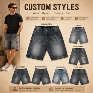 Shorts en <span class=keywords><strong>jean</strong></span> rétro américains pour hommes avec logo personnalisé OEM, ourlet brut, coupe ample, fabriqués par une usine professionnelle, shorts délavés - Product Image 4