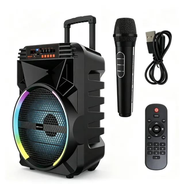 Trolley Speaker Wheels RGB Flame Light BT Wireless Karaoke Party Speaker Outdoor Home KTV Audio Player Built-in Mic FM Radio