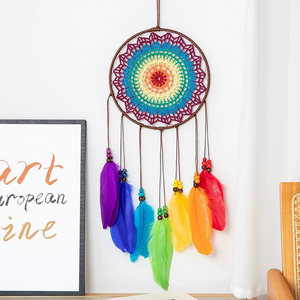 Attrape-rêves en plumes arc-en-ciel faits à la main décoration murale ornements <span class=keywords><strong>chambre</strong></span> tenture murale décor attrape-rêves - Product Image 3