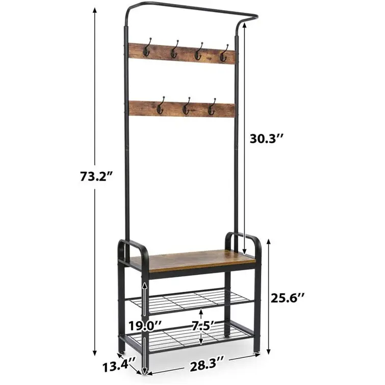 Armena Hook Freestanding Coat Rack With Storage in Rustic Brown And Black Hanger Stand Hall Tree with 3 Storage Shelves and Hook