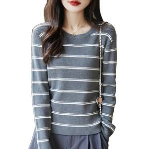<span class=keywords><strong>Pull</strong></span> tricoté à manches longues col rond 100 % coton, coupe ajustée, rayures contrastées, style coréen, collection hiver 2025, mode jeune - Product Image 5