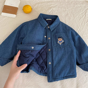 Child Star Circle Denim Jacket Thickened Quilted Lapel Pocket Bear Embroidery Girls Winter Coat - Product Image 4