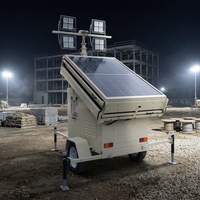 Tour d'éclairage solaire mobile sur remorque, levage manuel, mât télescopique de 9 m, alimentée par l'énergie solaire, pour chantier de construction
