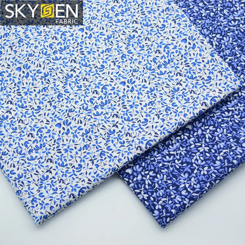 Skygen thương hiệu cotton spandex màu xanh hoa in lycra vải