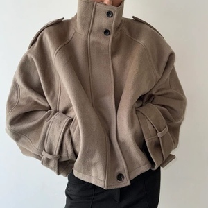 Manteau court en laine pour femme, coupe ample, col montant, tendance - Product Image 1