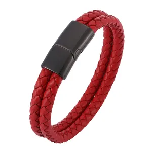 Pulseras clásicas de cuerda de cuero rojo, cierre magnético de acero inoxidable hecho a mano, pulseras de cuero trenzado de doble envoltura para hombres y mujeres