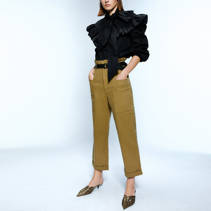 Novità 2020: Dolce <span class=keywords><strong>Top</strong></span> Nero in Popeline con Maniche Lunghe a <span class=keywords><strong>Volant</strong></span> e Bordo Arricciato per Donna - Product Image 3