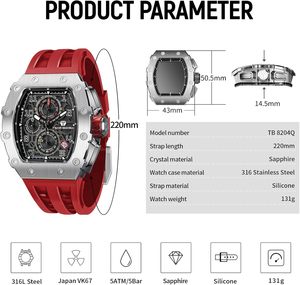 Orologio da Uomo di Lusso Bomb, Quadrante Quadrato Tonneau, Impermeabile 50M, Movimento al Quarzo, Cronografo, Cinturino in Gomma 20mm, Cassa in Acrilico - Product Image 5