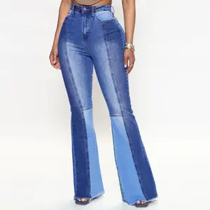 Hot Selling Fashion Contrast Color Patchwork Denim Pants Wide Leg Jeans For Women bootcut jeans for women