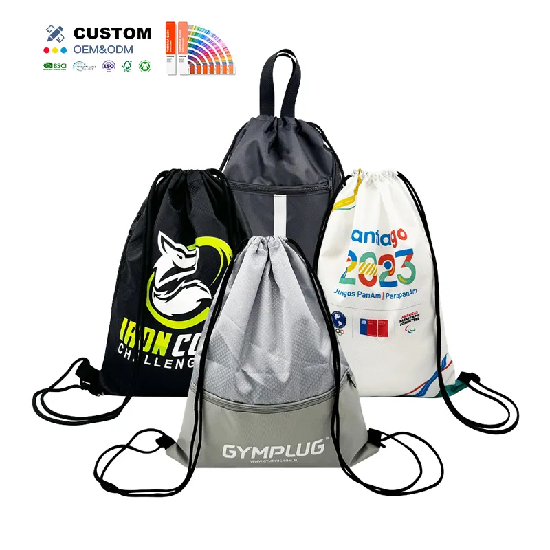 高品質カスタムロゴポリエステルストリング防水フィットネススポーツバッグパックジム巾着バックパックバッグ