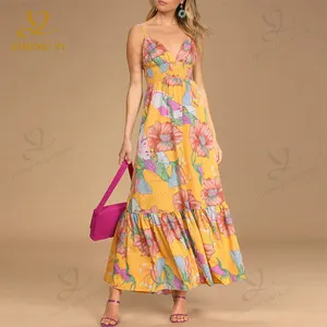 Algodão personalizado Casual Vestuário Resort Estilo V-neck Cintura Strap Aberto Voltar Impresso Plissado Mulheres Maxi Bohemian Vestidos