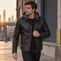 Veste pour homme en cuir avec capuche, cordon de serrage, fermeture éclair métallique, poches latérales, coupe ajustée, style streetwear décontracté, marque privée