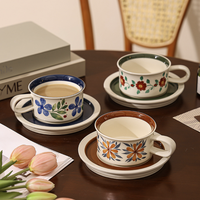 Set Cangkir dan Piring Kopi Gaya Eropa Bekas, Mug Keramik Hadiah Bernilai Tinggi dengan Desain Teh Sore Retro yang Dilukis Tangan