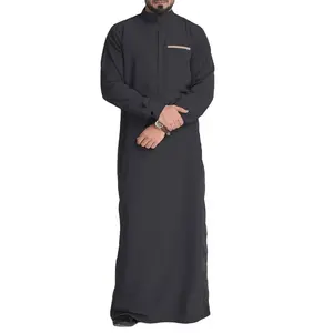 Abaya Kancing Atas Mode Modern Kerah Berdiri Desain Baru Thobe Gamis Dada Saku Abu-abu Gelap untuk Pria