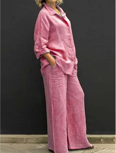 Completo <span class=keywords><strong>da</strong></span> <span class=keywords><strong>donna</strong></span> taglie forti casual con camicia ampia e pantaloni a vita alta, tinta unita con bottoni decorativi, lunghezza corta, vestibilità aderente, anti-pilling, per l'autunno - Product Image 4