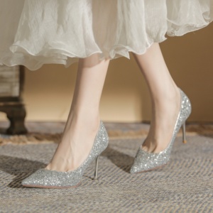 Chaussures sexy à talons hauts argentés, à paillettes scintillantes et cristaux, talons aiguilles souples, style pieds nus, idéales pour mariage, taille unique - Product Image 5