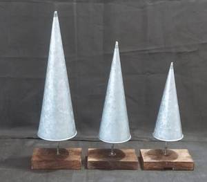 Metal <b>Christmas</b> <b>Tree</b> Miniature Set of 3 Galvanized Cone <b>Trees</b> on Wooden <b>Base</b> Indoor Decor - Product Image 6