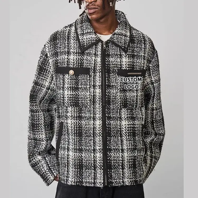 사용자 정의 야외 하이 퀄리티 헤비급 플란넬 남성 재킷 겨울 격자 무늬 패턴 트위드 로고와 면 재킷