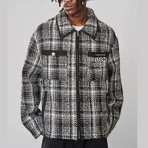 Custom Outdoor High Quality Heavyweight Flannel Men Jacket Winter Plaid Pattern Tweed Cotton Jacket With Logo