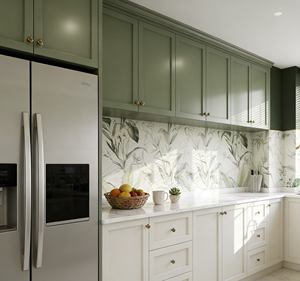 Armoires de cuisine modulaires européennes sur mesure (vert olive et blanc) |   Quincaillerie en laiton et crédence tropicale |   Portes à fermeture douce - Product Image 6