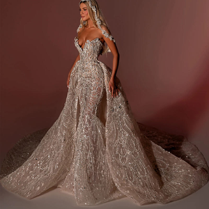 Robes de mariée sirène <span class=keywords><strong>pour</strong></span> femmes, col cœur, sans manches, traîne balayante, jupe à sequins et cristaux, sur mesure - Product Image 3