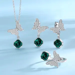Conjunto de joyería de plata de mariposa para mujer, juego de collar y pendientes, anillo de diseño fino