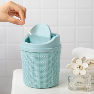 Mini Desktop Trash Can With Lid Cylindrical Blue And White Indoor Use For Office Or Household Storage - Product Image 1