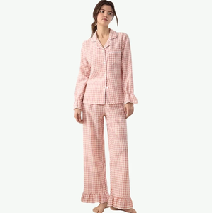 Pink Gingham Ruffle Cotton Pajamas Custom <b>Women's</b> Bamboo Sleepwear Ladies Pj Modal <b>Set</b> OEM ODM Wholesale Manufacturer - Product Image 1