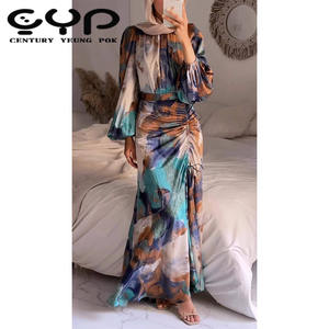 2024新款时尚女式扎染印花长袖阿拉伯连衣裙环保拉绳天然腰线穆斯林服装 - Product Image 1