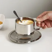 Ensemble de 3 tasses à café en acier inoxydable à double paroi, résistantes à la chaleur, avec soucoupe et cuillère, vaisselle de table, accessoires de cuisine et de café