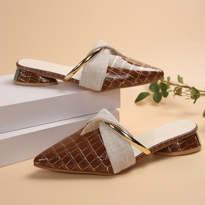 Outwear Pointed Toe Sexy Elegant Low Heel <b>Slippers</b> for Women Spring New Arrival Plus Size Snake Print Toe Half <b>Slippers</b> - Product Image 1