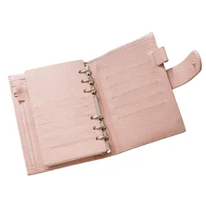 Vente en gros Planificateur d'affaires personnel personnalisé rose 6 anneaux en cuir véritable budget classeur portefeuille journal carnet avec logo