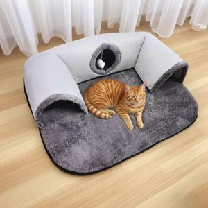 Lit-caverne pour chat et tapis de couchage pour chien avec double ouverture, lavable, 2 en 1, lit tunnel pour chat solide, chaud et confortable pour l'hiver - Product Image 1