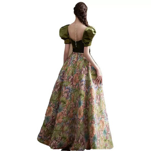 Retro Floral Print Velvet Evening Gown Sweetheart Neckline Ball Gown Empire Waist Green Birthday Hostess Dress - Product Image 5