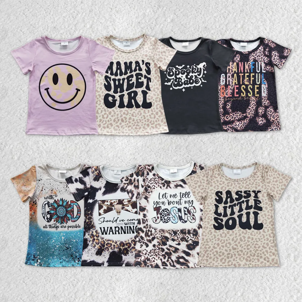 GT0184 boutique children girls clothes high quality Western Sassy Little Soul Beige Leopard Print Short Sleeve T-shirts