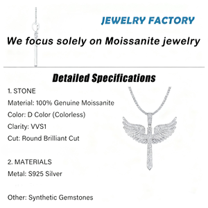 Liontin Perhiasan Hip Hop Mewah Pria Bertabur Batu Moissanite VVS, Liontin Berlian Moissanite Perak Sterling 925, Kalung Sayap Malaikat Moissanite - Product Image 4