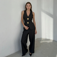 Ensemble tailleur pantalon large noir sans manches pour femme, élégant et formel pour le bureau