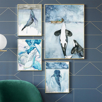 Affiches d'animaux marins en aquarelle bleue, impressions nordiques de baleines et navires, décor mural, tableau sur toile