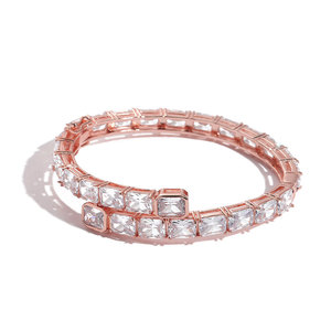 Luxury Full Eternity Baguette Cut Crystal Clear CZ Geometric Square Platinum Plated Adjustable Open <b>Bangle</b> - Product Image 5