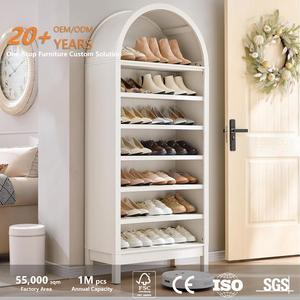 Mueble zapatero alto arqueado de <span class=keywords><strong>madera</strong></span> clara OEM, <span class=keywords><strong>MDF</strong></span>, 7 estantes abiertos, parte superior curva, organizador de zapatos independiente de gran capacidad para entrada - Product Image 3