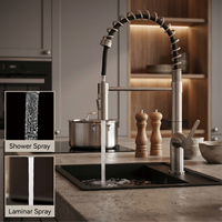 Robinet de cuisine flexible en acier inoxydable 304 nickel brossé avec jet cascade et pulvérisation laminar, mitigeur eau chaude et froide