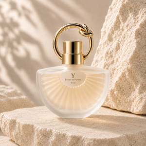 Elegant Semi Circular Ribbed Clear Glass Golden Loop Decorated 50ml Perfume <b>Bottle</b> - Product Image 1