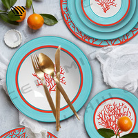 Embrace Oceanic Esthétique Assiettes à dîner en porcelaine-Motifs de corail rouge vif sur toile bleue-blanche