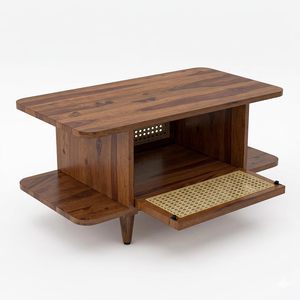 Table basse en bois massif naturel avec étagère en rotin, table de salon haut de gamme avec rangement pratique - Product Image 2