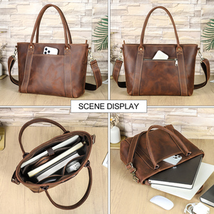 Sac fourre-tout unisexe pour ordinateur portable 14 pouces, pour femmes et hommes, en cuir Crazy Horse, avec bandoulière amovible, grande capacité - Product Image 3